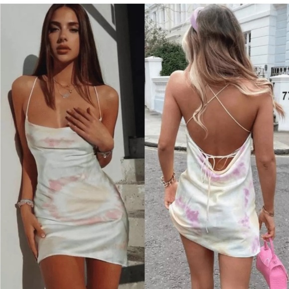 Zara Printed Watercolor Satin Tie Dye Mini Cowl Neck Dress Cream Pink XS NWT - Picture 4 of 16